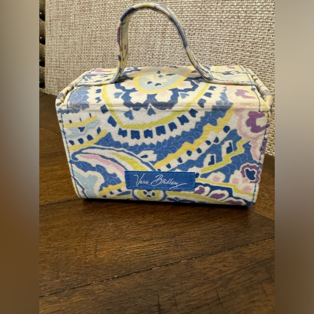Vera Bradley Mini Jewelry Trinket Ring Holder Box Cloth Case w/Handle EUC 5x3.5”